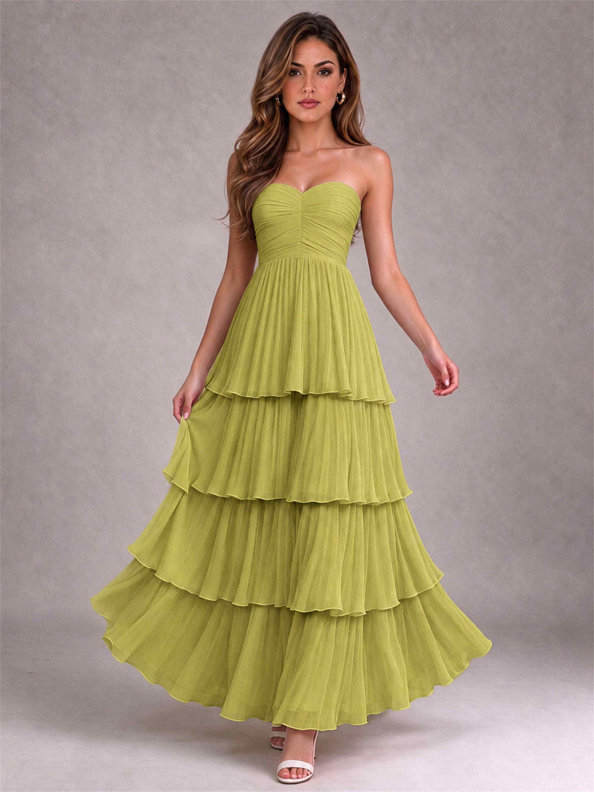 Strapless A-Line Chiffon Tiered Pleated Floor-Length Wedding Guest Dress