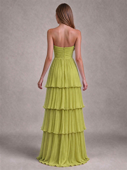 Strapless A-Line Chiffon Tiered Pleated Floor-Length Wedding Guest Dress
