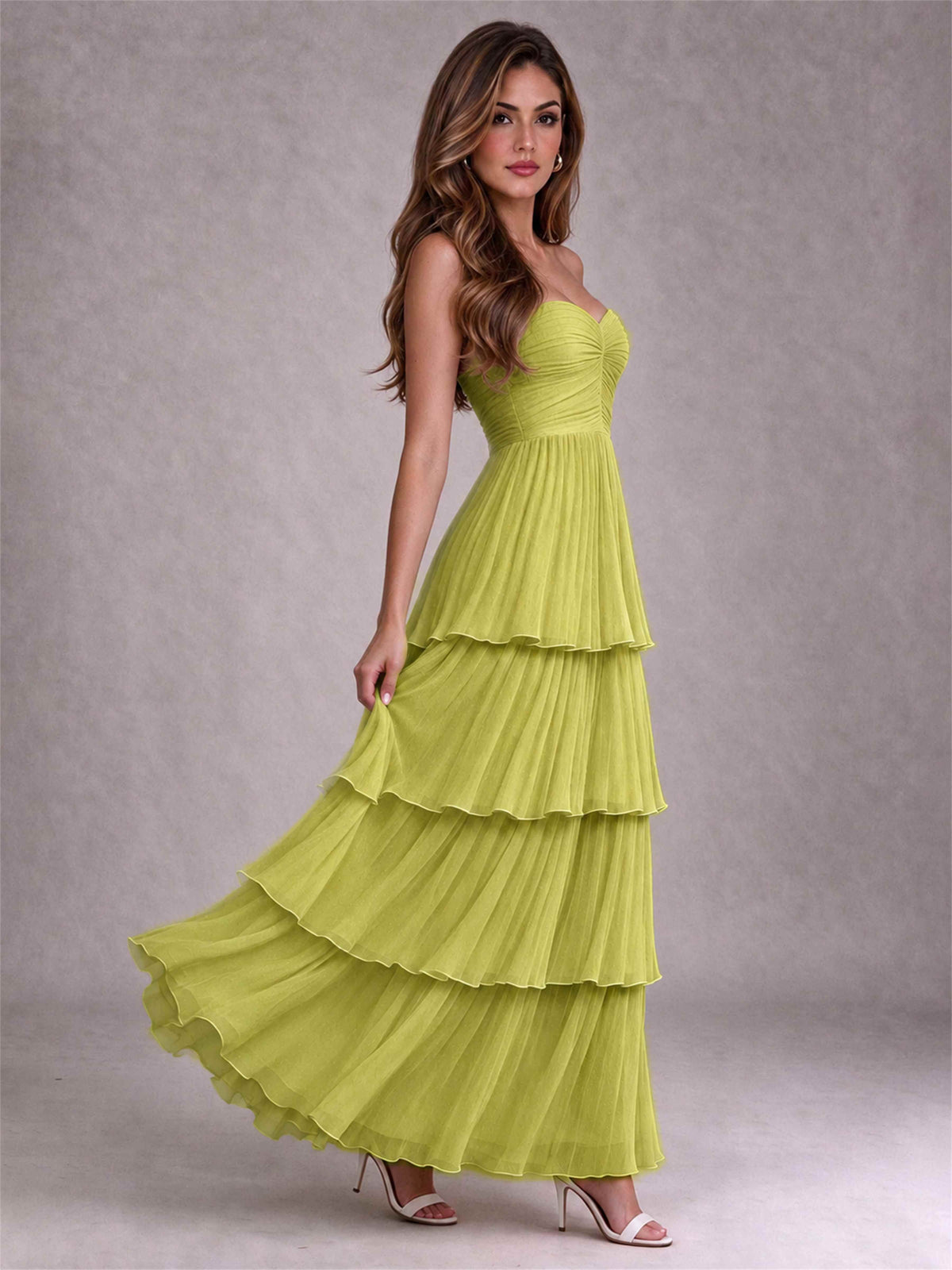Strapless A-Line Chiffon Tiered Pleated Floor-Length Wedding Guest Dress