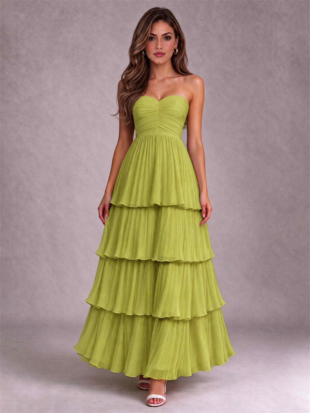Strapless A-Line Chiffon Tiered Pleated Floor-Length Wedding Guest Dress