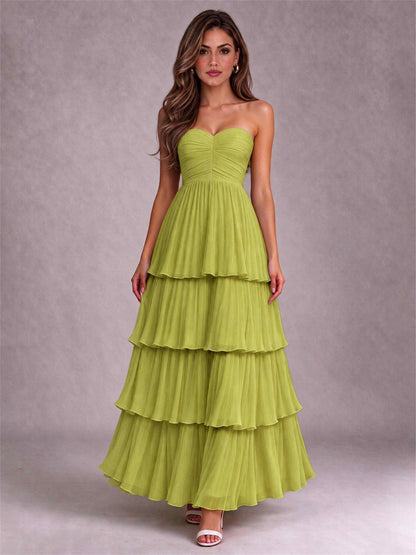 Strapless A-Line Chiffon Tiered Pleated Floor-Length Wedding Guest Dress