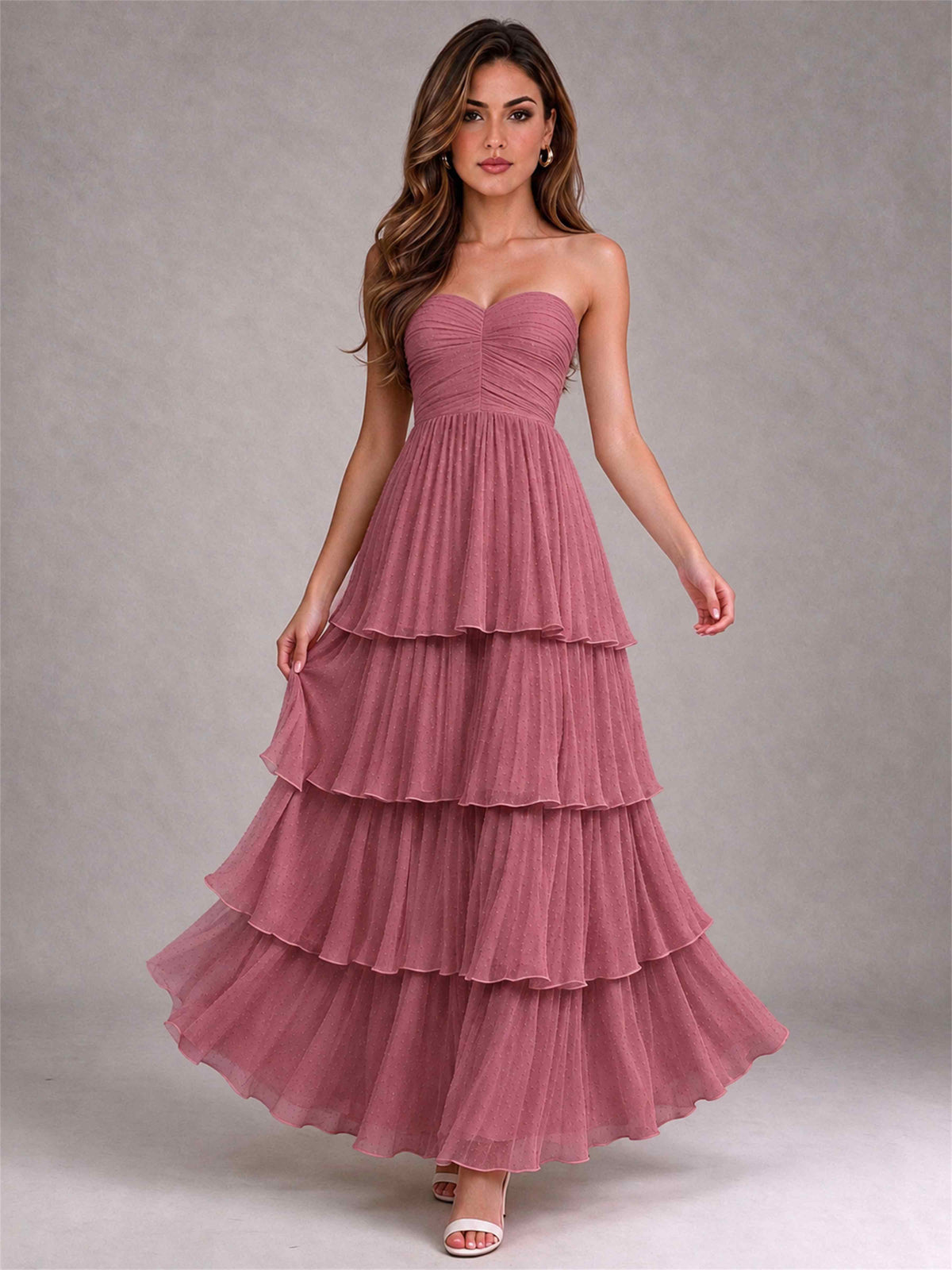 Strapless A-Line Chiffon Tiered Pleated Floor-Length Wedding Guest Dress