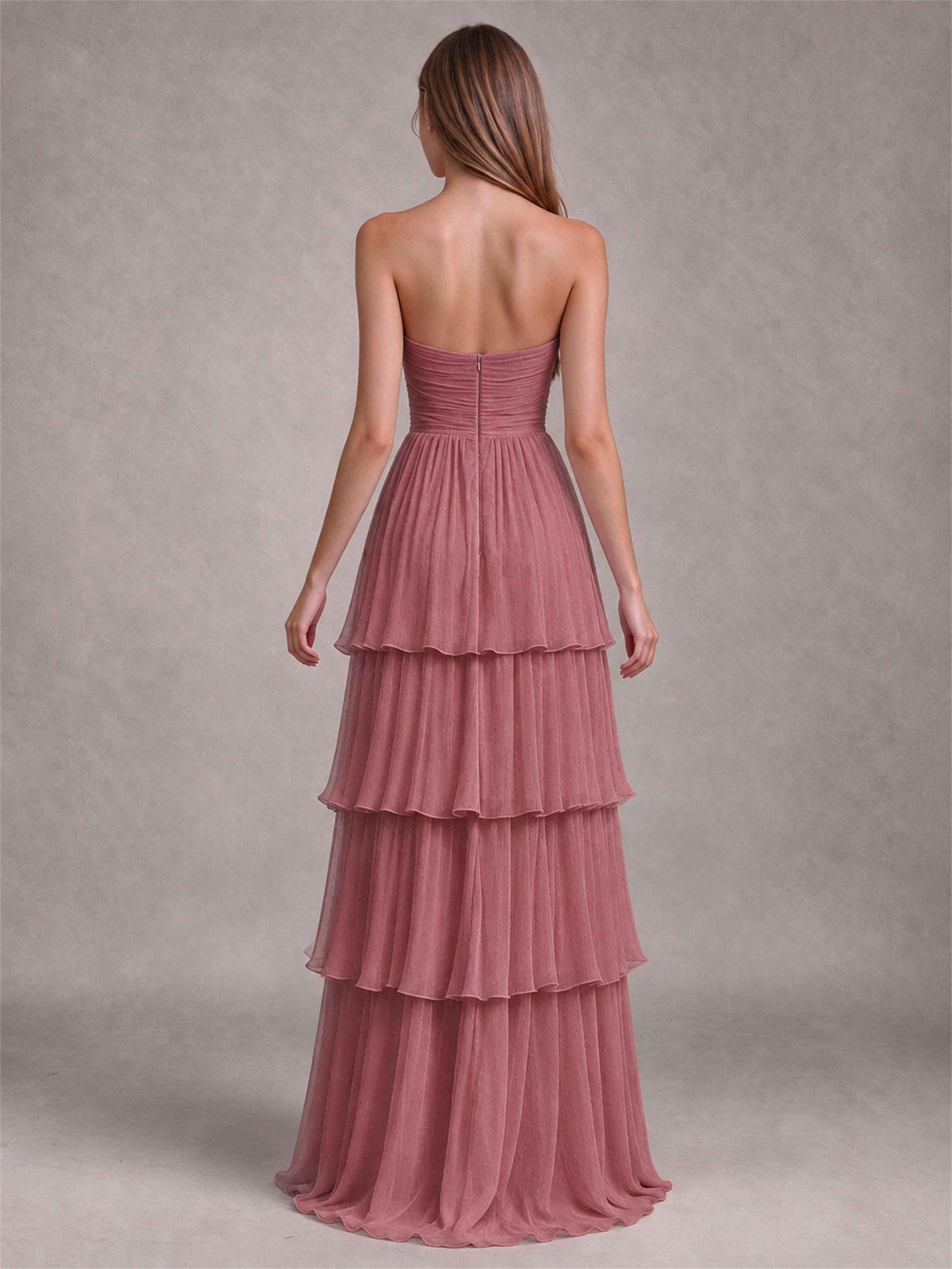 Strapless A-Line Chiffon Tiered Pleated Floor-Length Wedding Guest Dress
