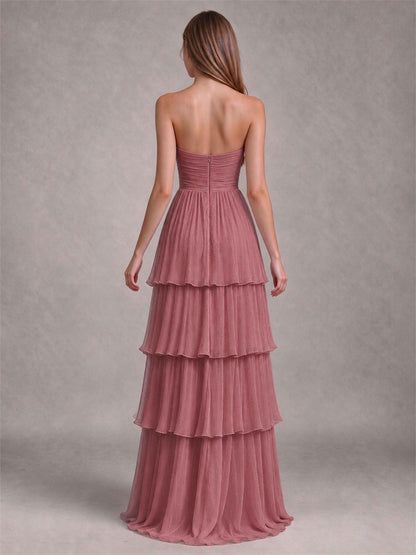 Strapless A-Line Chiffon Tiered Pleated Floor-Length Wedding Guest Dress