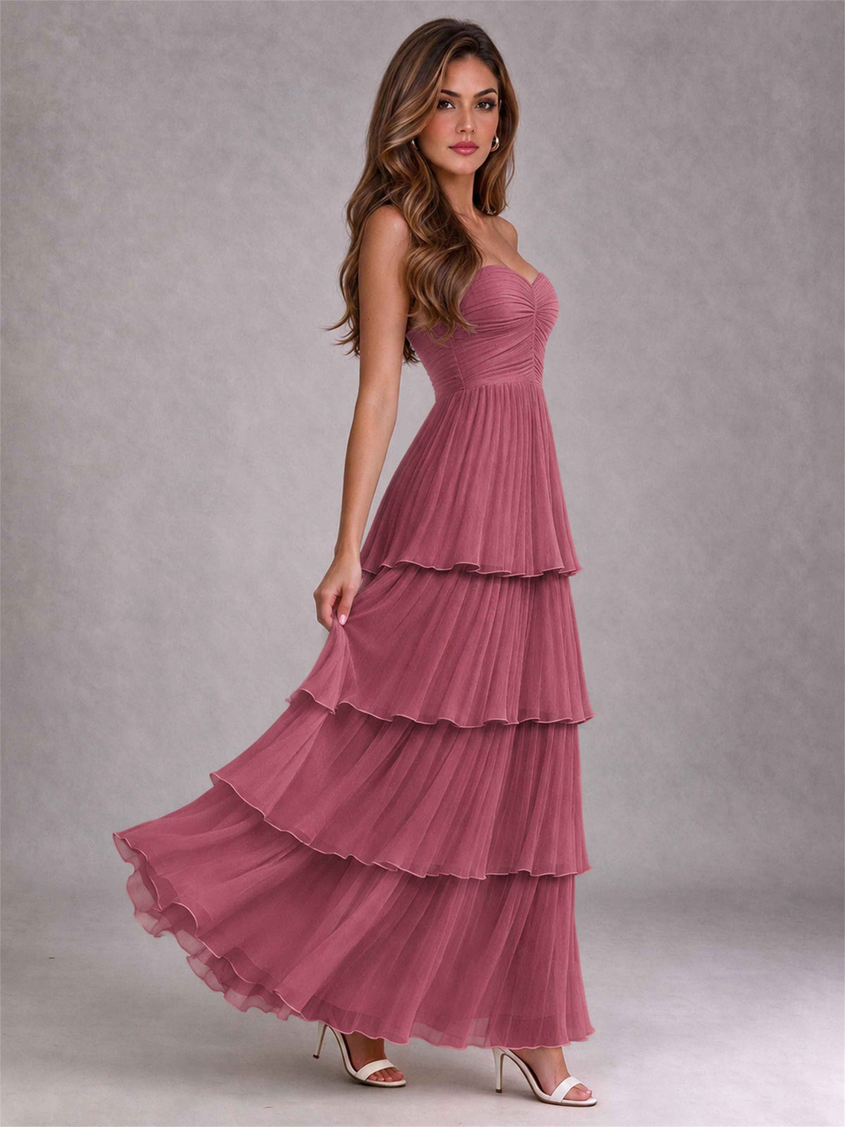 Strapless A-Line Chiffon Tiered Pleated Floor-Length Wedding Guest Dress