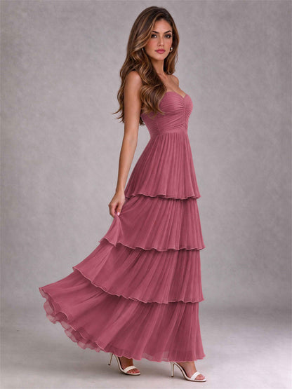 Strapless A-Line Chiffon Tiered Pleated Floor-Length Wedding Guest Dress