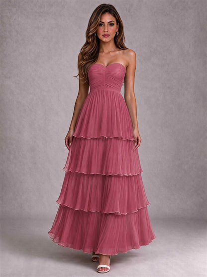 Strapless A-Line Chiffon Tiered Pleated Floor-Length Wedding Guest Dress