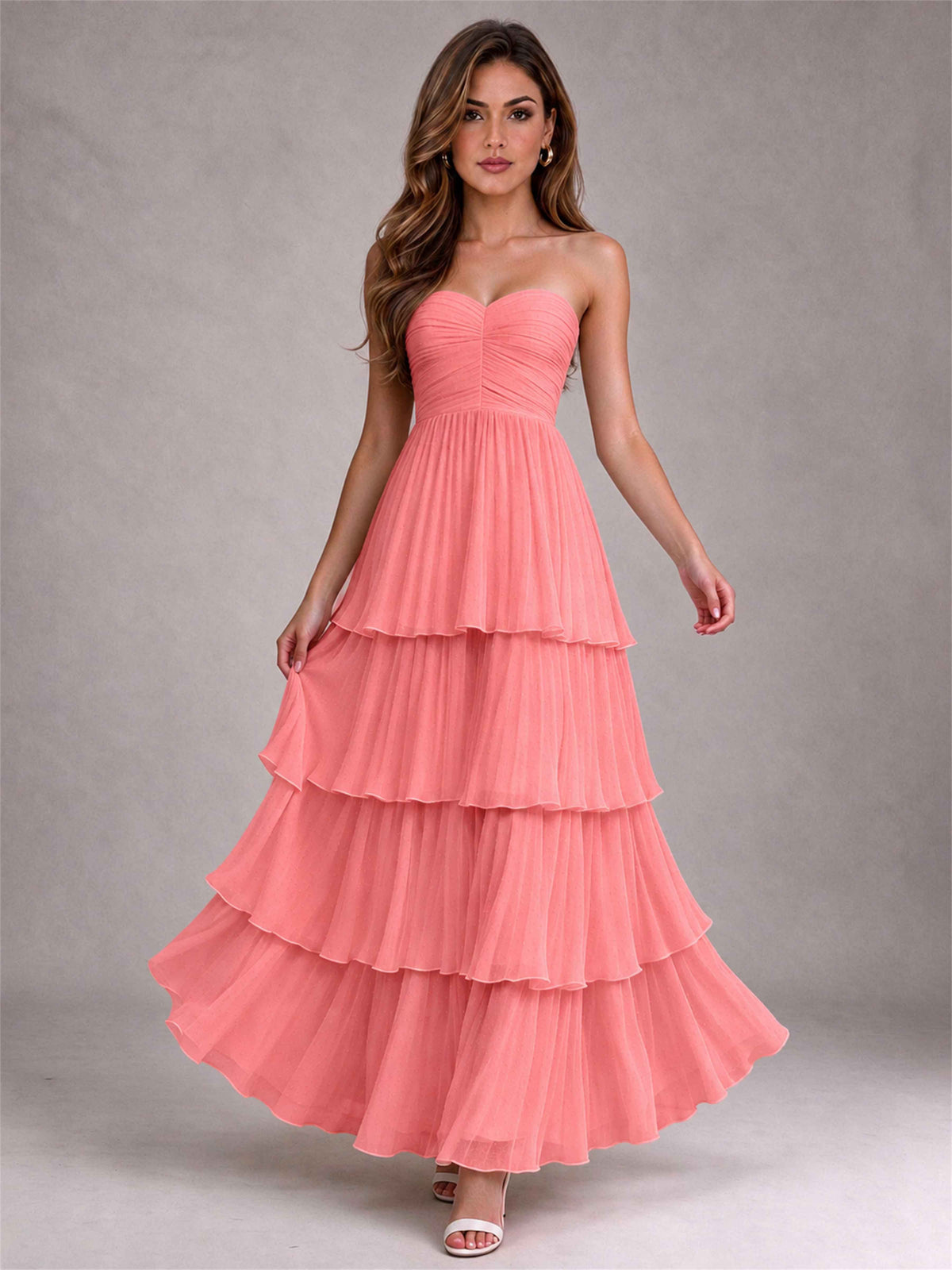 Strapless A-Line Chiffon Tiered Pleated Floor-Length Wedding Guest Dress