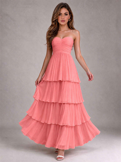 Strapless A-Line Chiffon Tiered Pleated Floor-Length Wedding Guest Dress