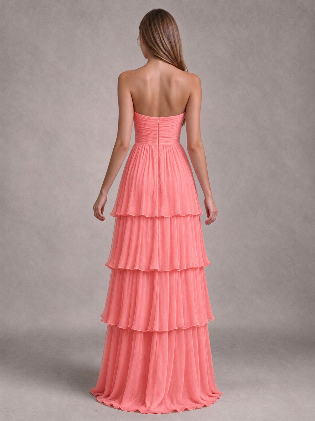 Strapless A-Line Chiffon Tiered Pleated Floor-Length Wedding Guest Dress