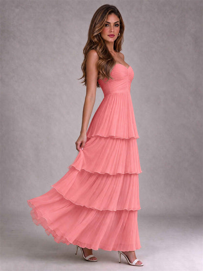 Strapless A-Line Chiffon Tiered Pleated Floor-Length Wedding Guest Dress