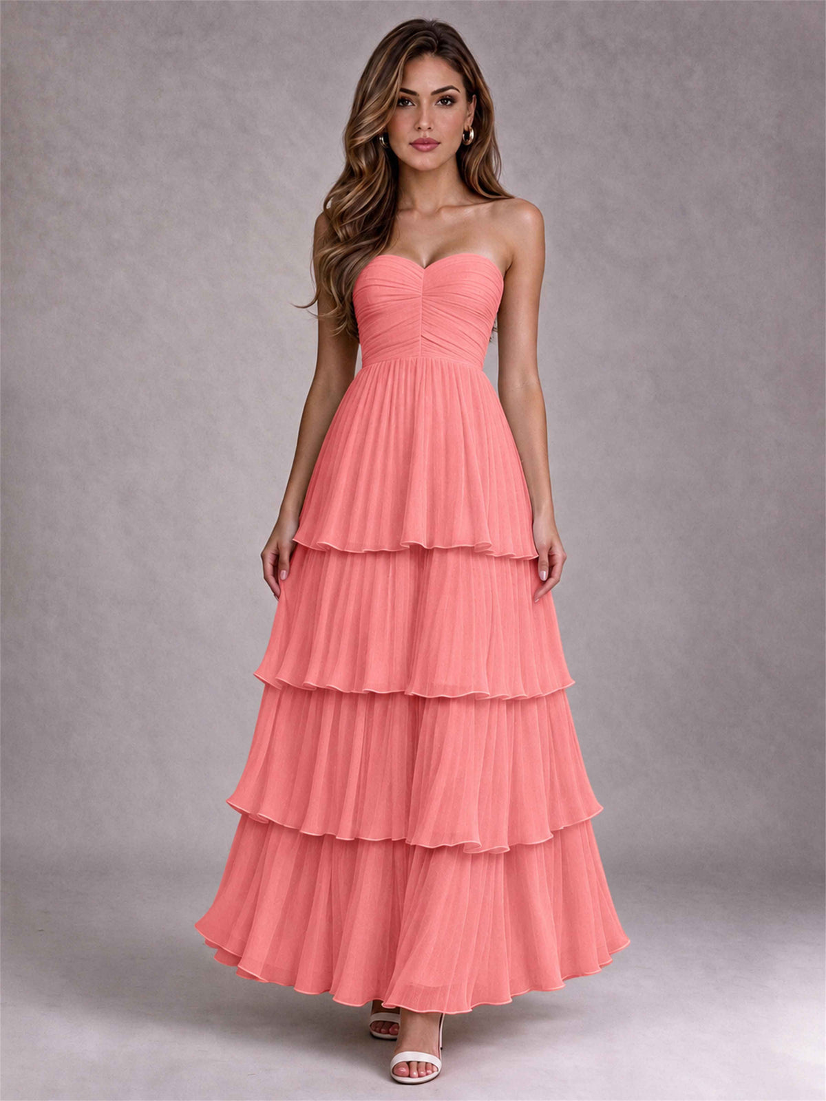 Strapless A-Line Chiffon Tiered Pleated Floor-Length Wedding Guest Dress
