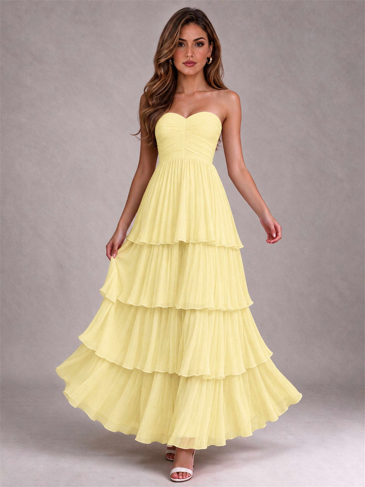 Strapless A-Line Chiffon Tiered Pleated Floor-Length Wedding Guest Dress