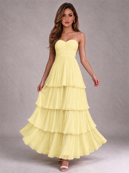 Strapless A-Line Chiffon Tiered Pleated Floor-Length Wedding Guest Dress