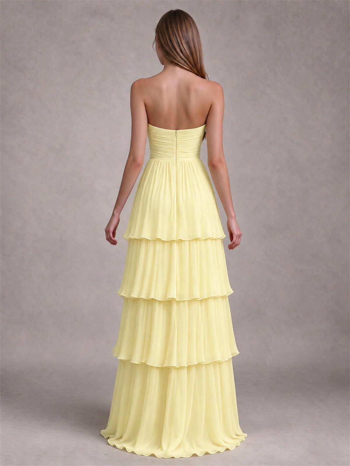 Strapless A-Line Chiffon Tiered Pleated Floor-Length Wedding Guest Dress
