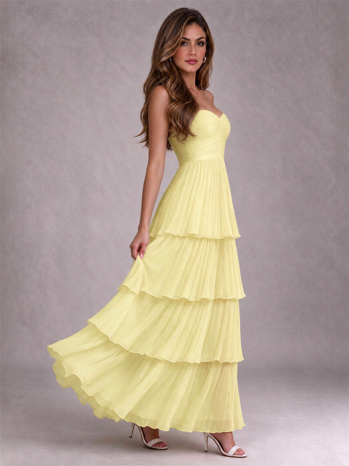 Strapless A-Line Chiffon Tiered Pleated Floor-Length Wedding Guest Dress