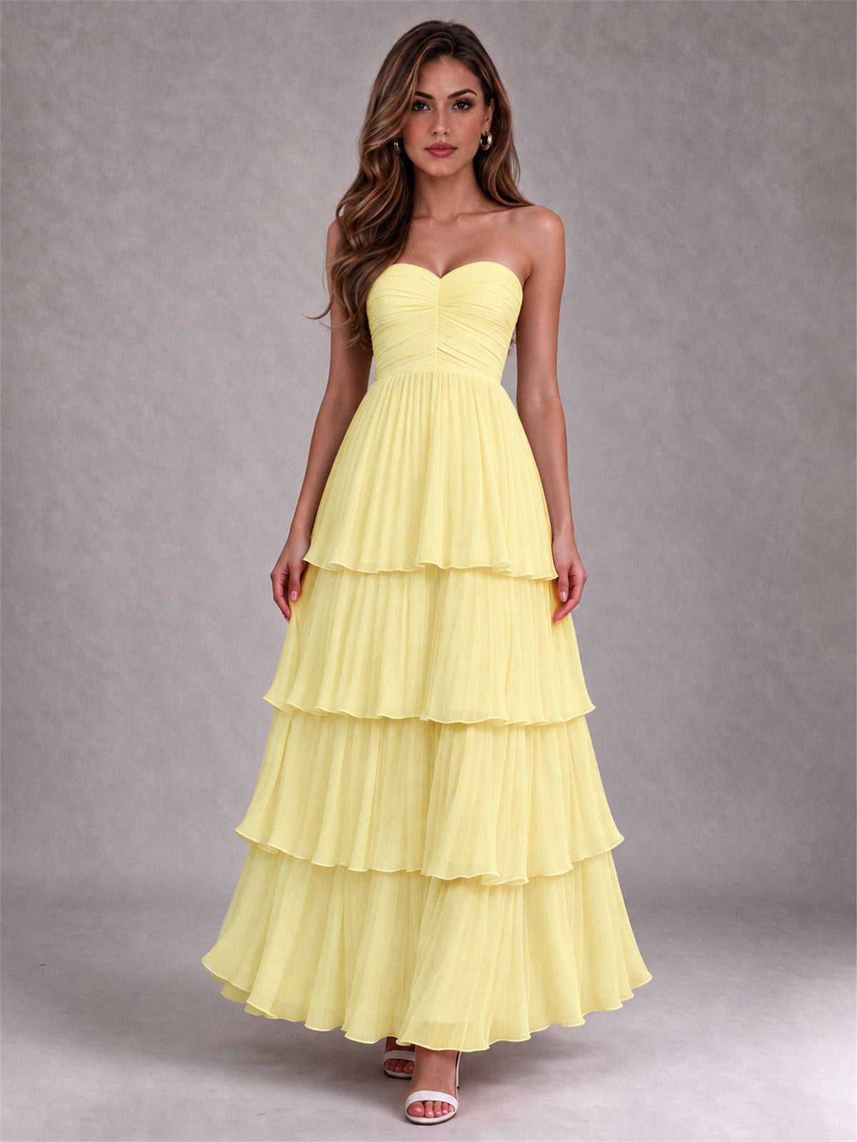 Strapless A-Line Chiffon Tiered Pleated Floor-Length Wedding Guest Dress
