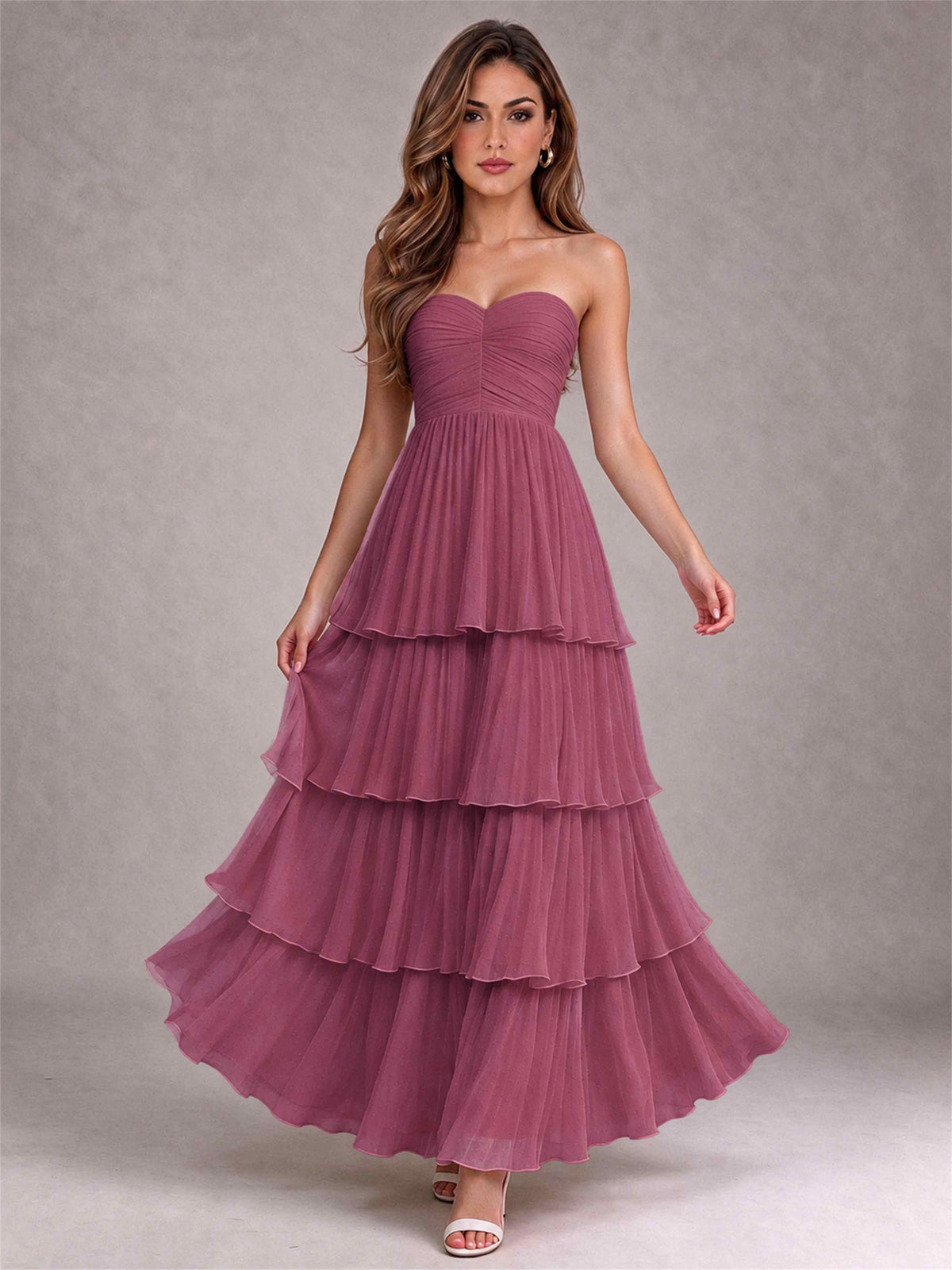 Strapless A-Line Chiffon Tiered Pleated Floor-Length Wedding Guest Dress