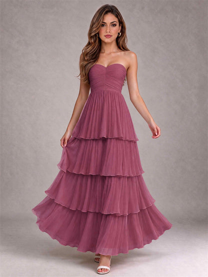 Strapless A-Line Chiffon Tiered Pleated Floor-Length Wedding Guest Dress