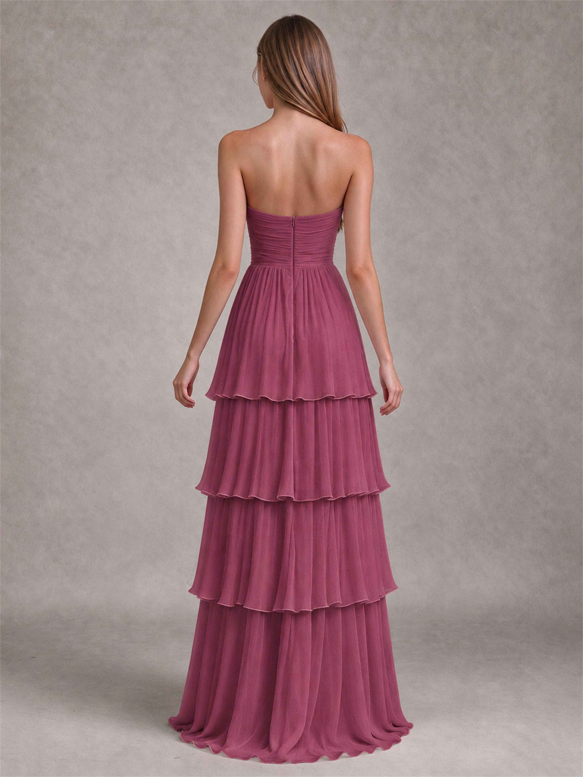 Strapless A-Line Chiffon Tiered Pleated Floor-Length Wedding Guest Dress