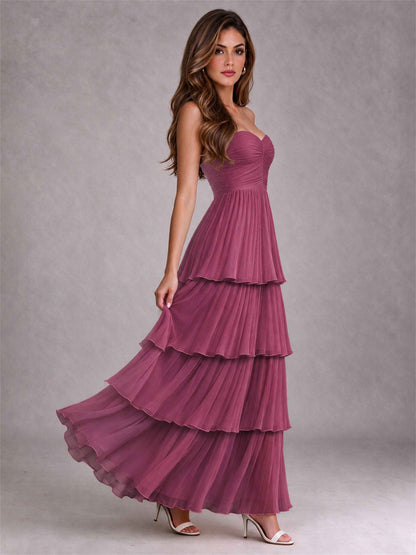 Strapless A-Line Chiffon Tiered Pleated Floor-Length Wedding Guest Dress