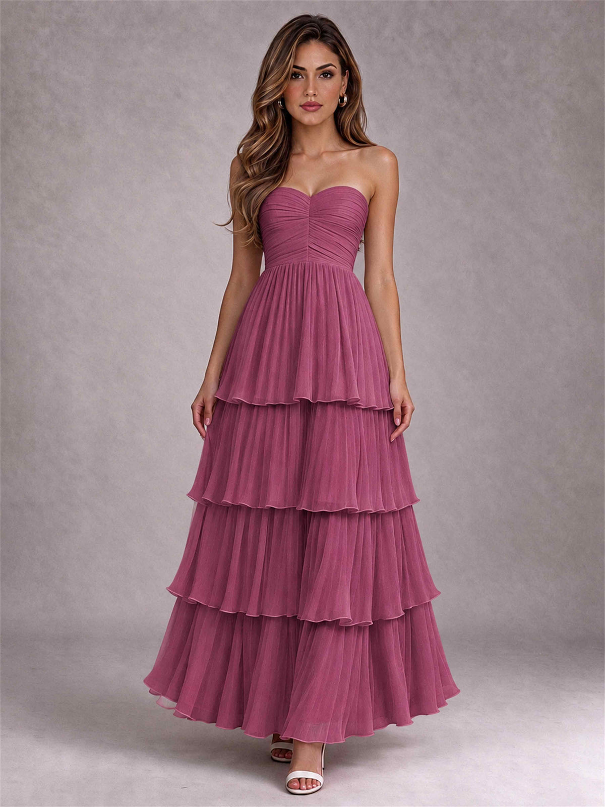 Strapless A-Line Chiffon Tiered Pleated Floor-Length Wedding Guest Dress
