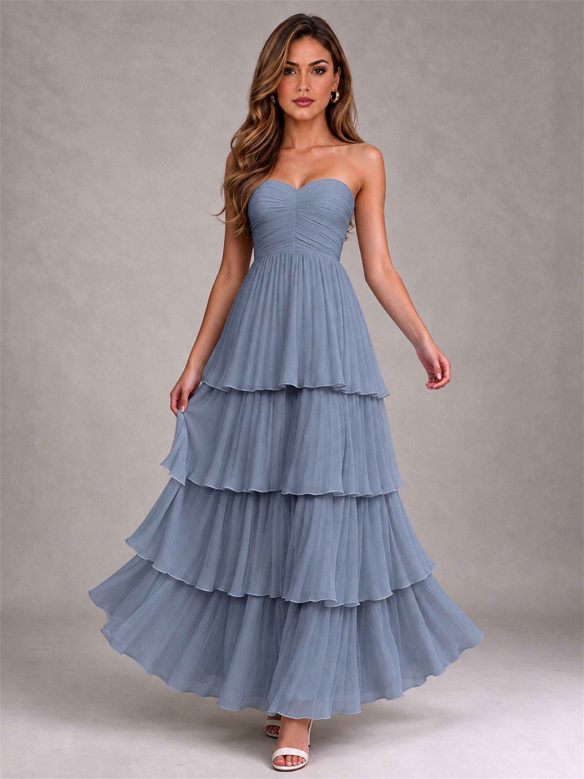 Strapless A-Line Chiffon Tiered Pleated Floor-Length Wedding Guest Dress