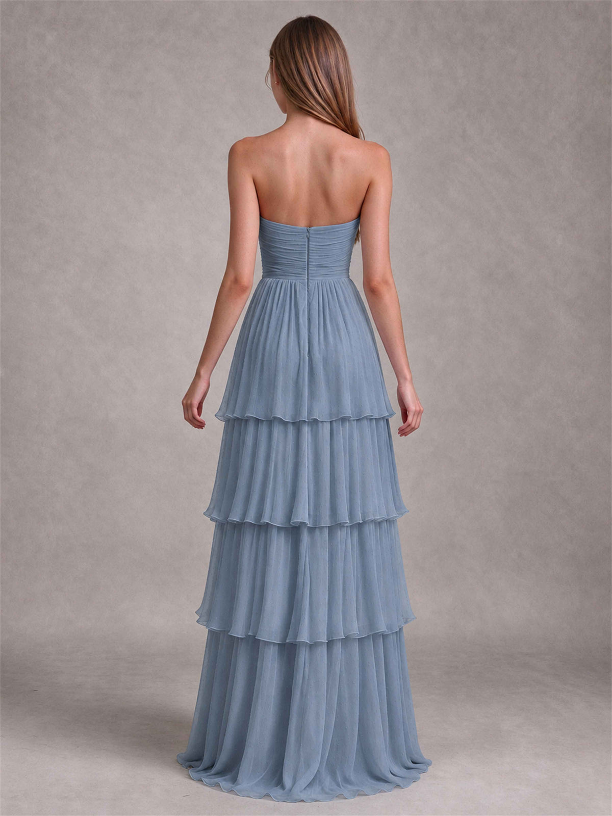 Strapless A-Line Chiffon Tiered Pleated Floor-Length Wedding Guest Dress