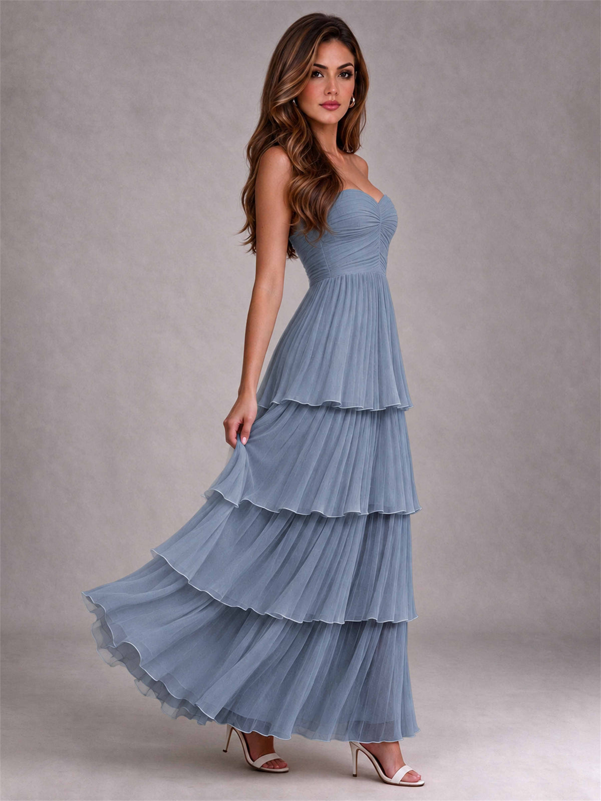 Strapless A-Line Chiffon Tiered Pleated Floor-Length Wedding Guest Dress