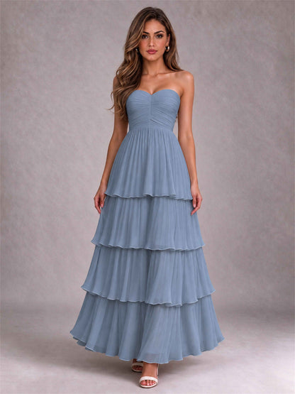 Strapless A-Line Chiffon Tiered Pleated Floor-Length Wedding Guest Dress