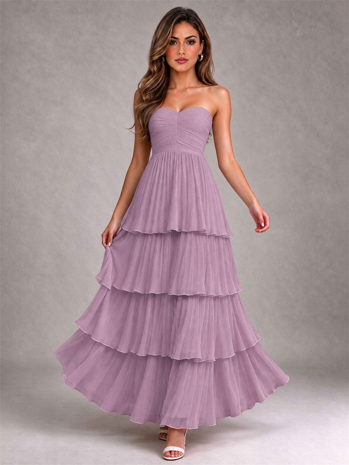 Strapless A-Line Chiffon Tiered Pleated Floor-Length Wedding Guest Dress