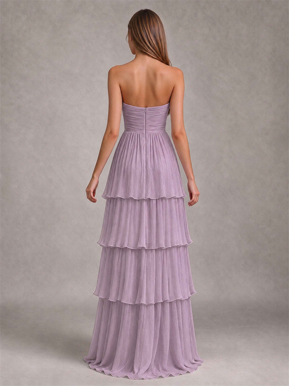 Strapless A-Line Chiffon Tiered Pleated Floor-Length Wedding Guest Dress