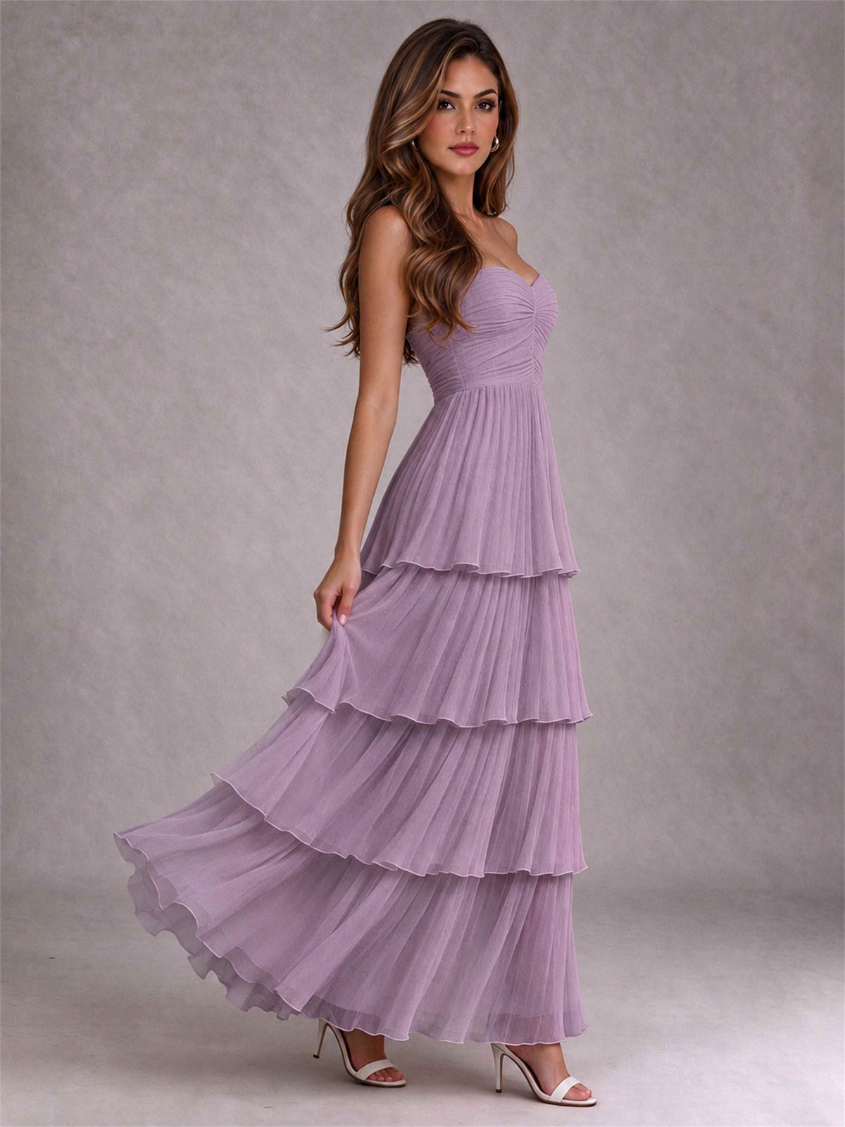 Strapless A-Line Chiffon Tiered Pleated Floor-Length Wedding Guest Dress
