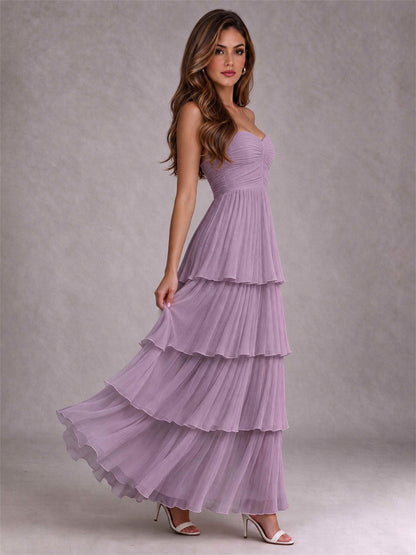Strapless A-Line Chiffon Tiered Pleated Floor-Length Wedding Guest Dress