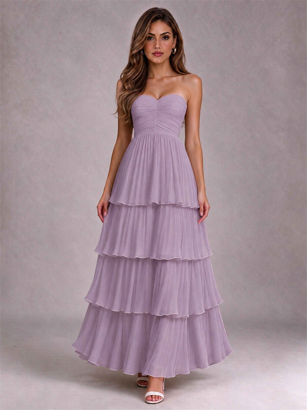 Strapless A-Line Chiffon Tiered Pleated Floor-Length Wedding Guest Dress