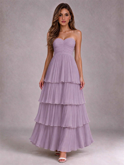 Strapless A-Line Chiffon Tiered Pleated Floor-Length Wedding Guest Dress