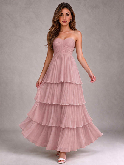 Strapless A-Line Chiffon Tiered Pleated Floor-Length Wedding Guest Dress