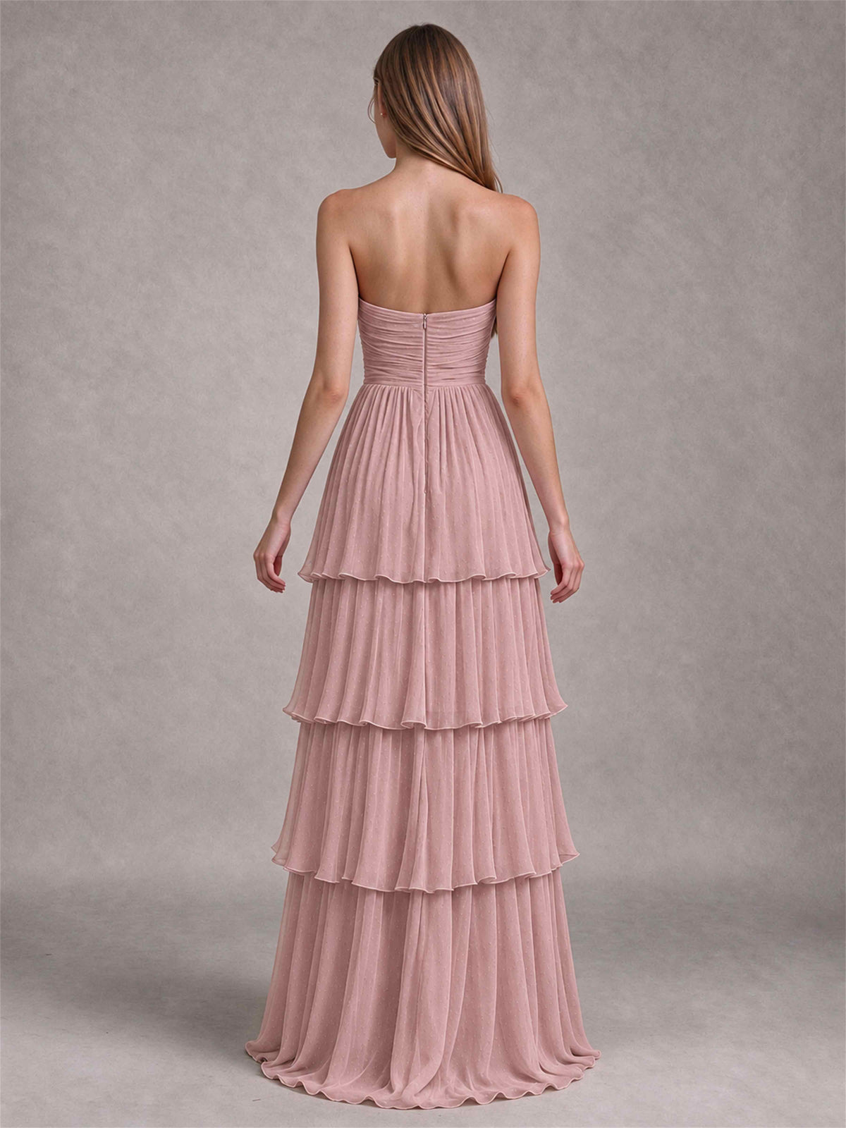 Strapless A-Line Chiffon Tiered Pleated Floor-Length Wedding Guest Dress