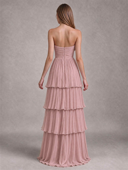 Strapless A-Line Chiffon Tiered Pleated Floor-Length Wedding Guest Dress