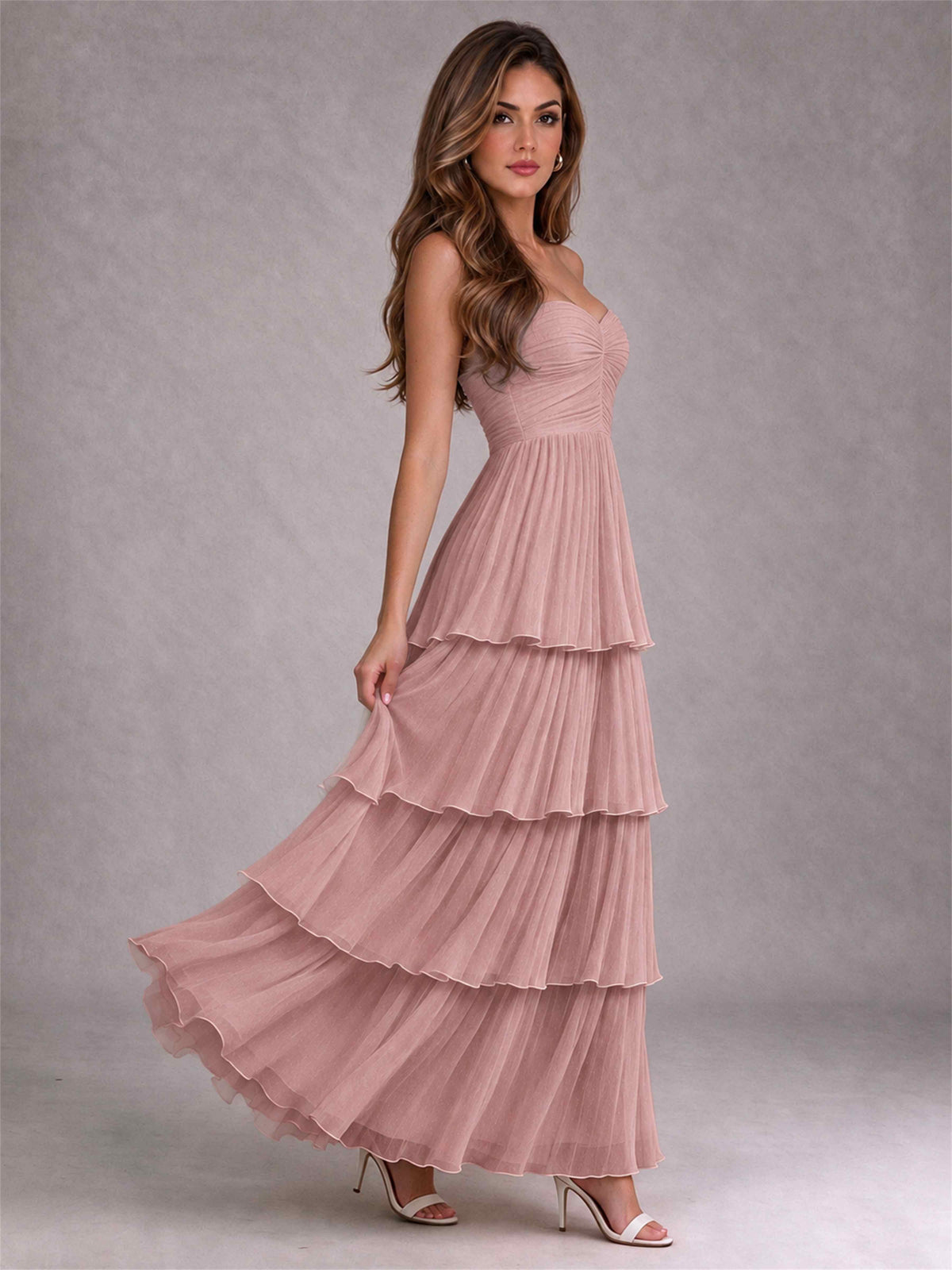 Strapless A-Line Chiffon Tiered Pleated Floor-Length Wedding Guest Dress