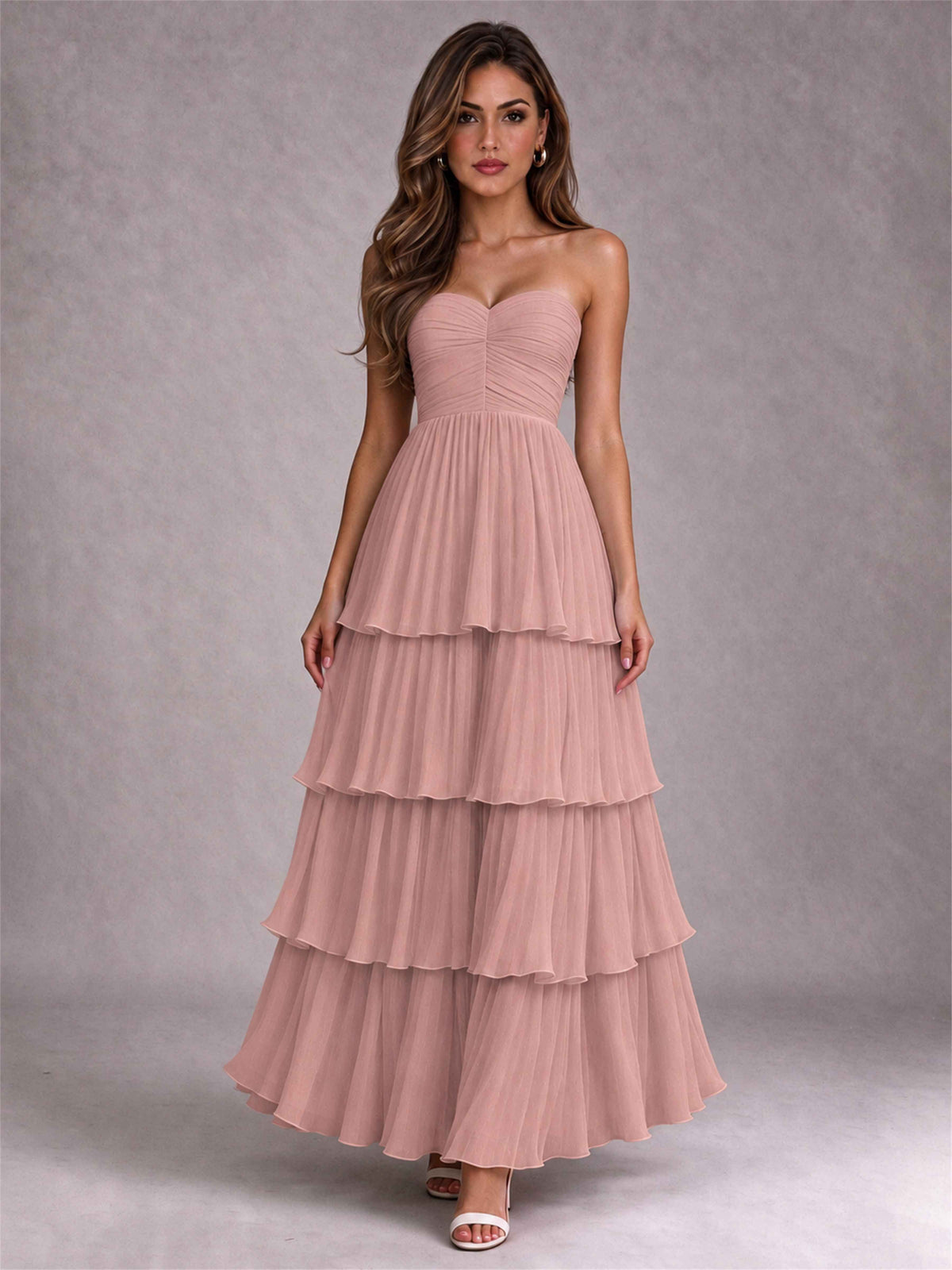 Strapless A-Line Chiffon Tiered Pleated Floor-Length Wedding Guest Dress