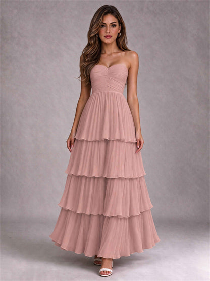 Strapless A-Line Chiffon Tiered Pleated Floor-Length Wedding Guest Dress
