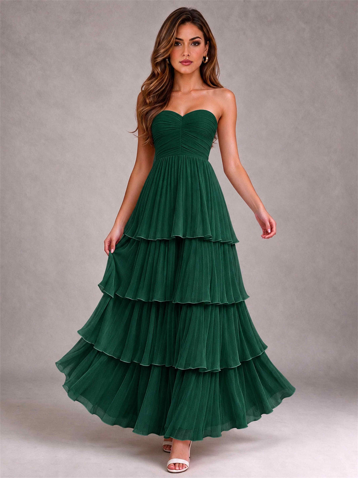 Strapless A-Line Chiffon Tiered Pleated Floor-Length Wedding Guest Dress