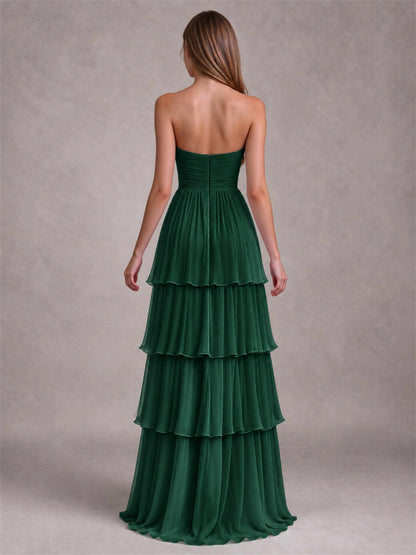 Strapless A-Line Chiffon Tiered Pleated Floor-Length Wedding Guest Dress