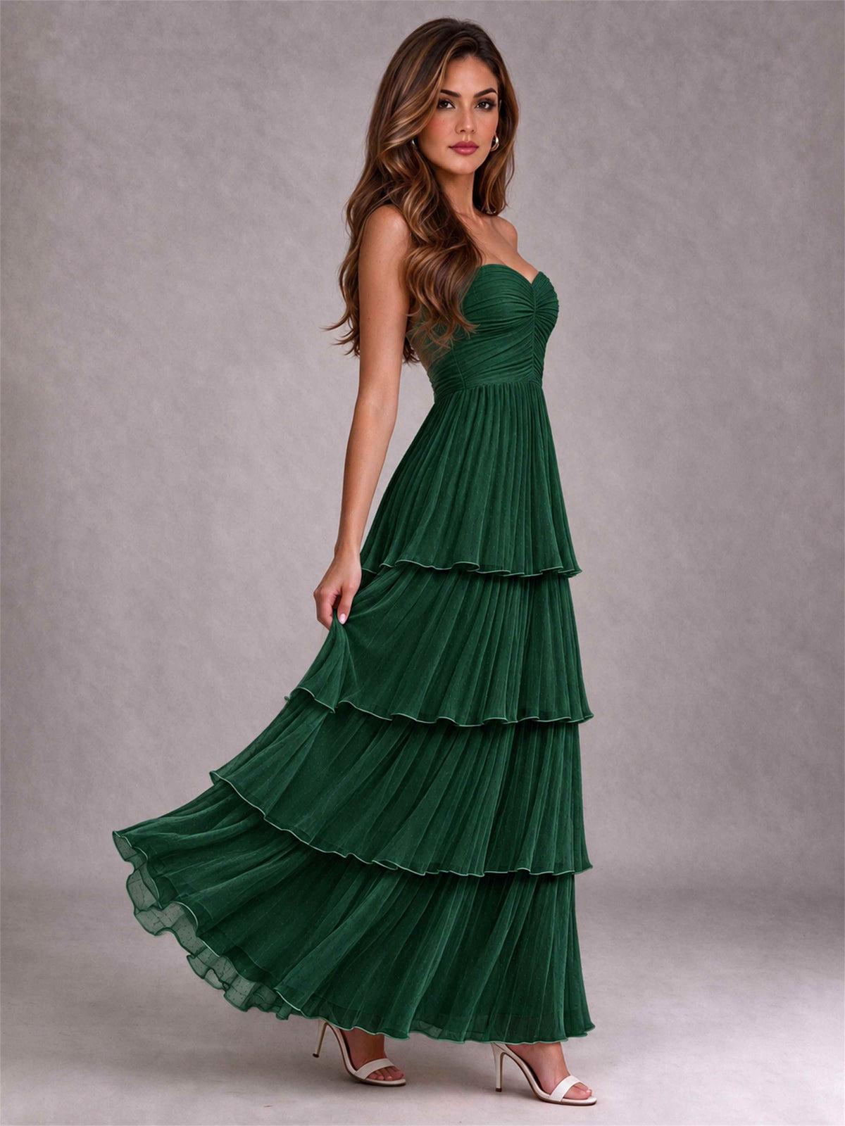 Strapless A-Line Chiffon Tiered Pleated Floor-Length Wedding Guest Dress