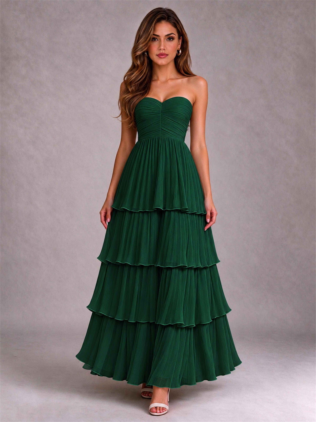 Strapless A-Line Chiffon Tiered Pleated Floor-Length Wedding Guest Dress