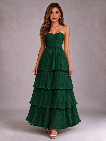 Strapless A-Line Chiffon Tiered Pleated Floor-Length Wedding Guest Dress