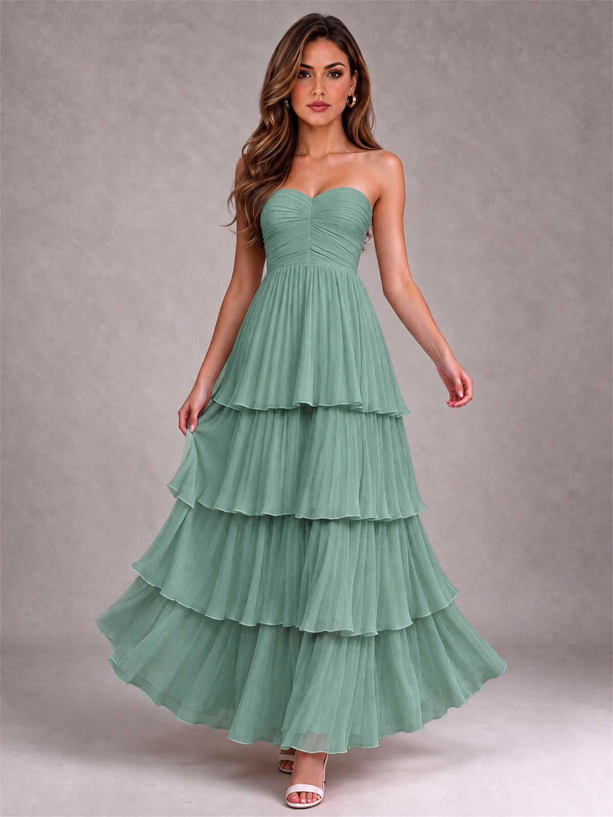 Strapless A-Line Chiffon Tiered Pleated Floor-Length Wedding Guest Dress