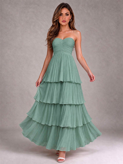 Strapless A-Line Chiffon Tiered Pleated Floor-Length Wedding Guest Dress