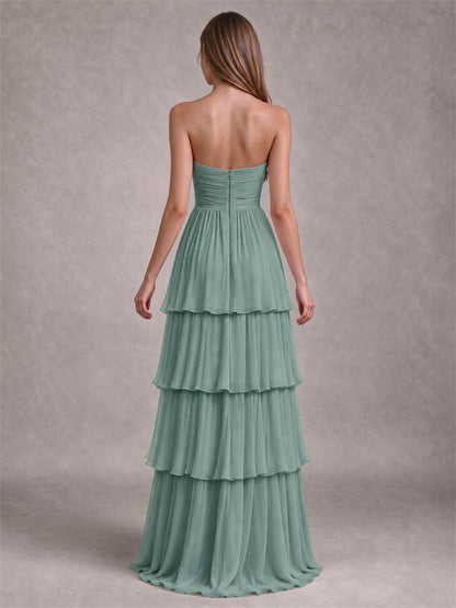 Strapless A-Line Chiffon Tiered Pleated Floor-Length Wedding Guest Dress